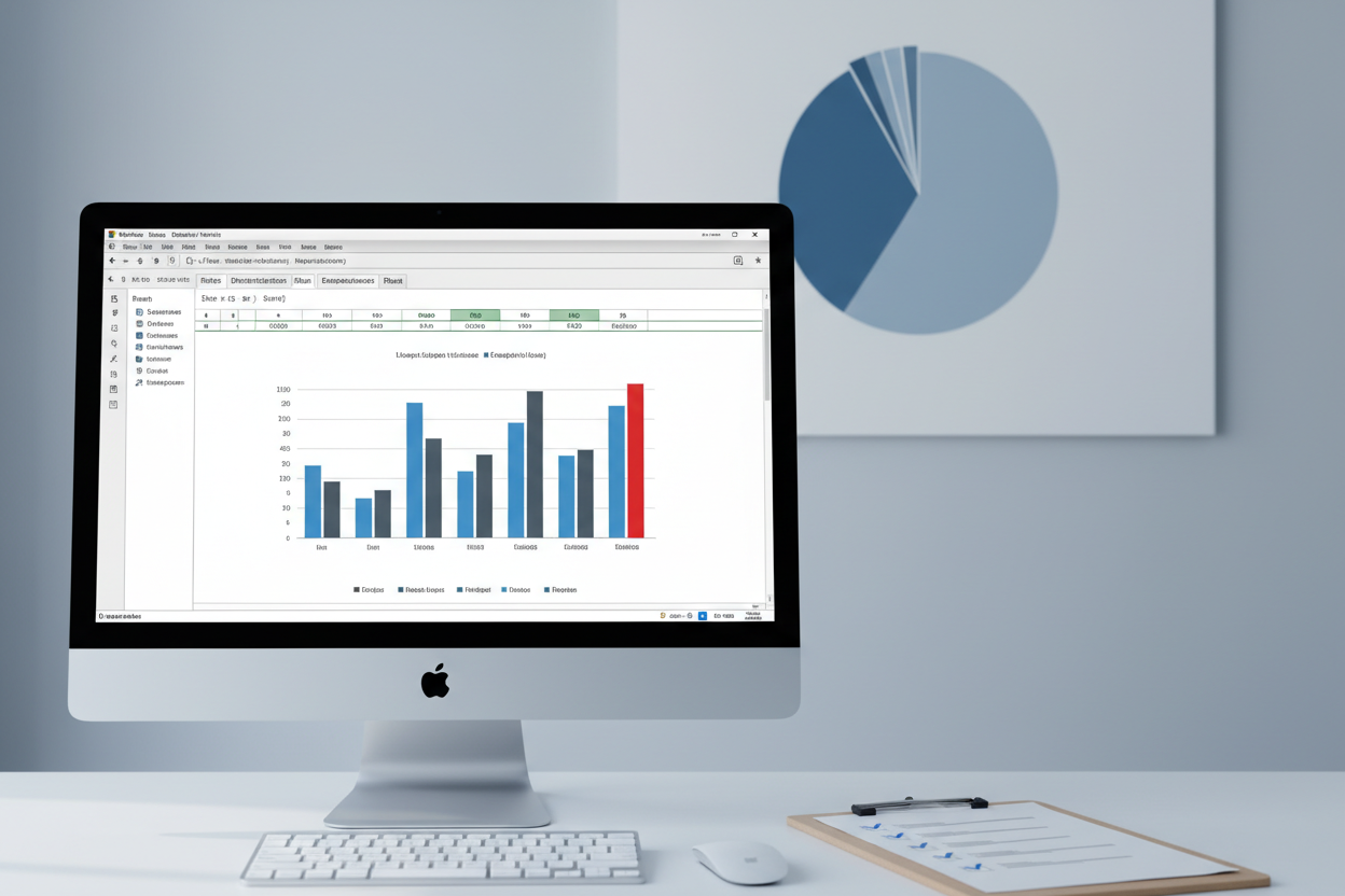 În prim-plan se află un monitor iMac modern, care afișează un tabel Excel cu un grafic cu bare.

Coloanele sunt gri și albastre, iar una este evidențiată în roșu (sugerează o valoare importantă).

În spatele monitorului, pe perete, se vede un grafic tip “pie chart” (cerc împărțit în secțiuni albastre și gri).

În partea dreaptă-jos, se află un clipboard (planșetă) cu o listă de verificare (checklist) — fiecare rând are o bifă ✔️ albastră, indicând sarcini îndeplinite.

Fundalul este gri-albăstrui deschis, o